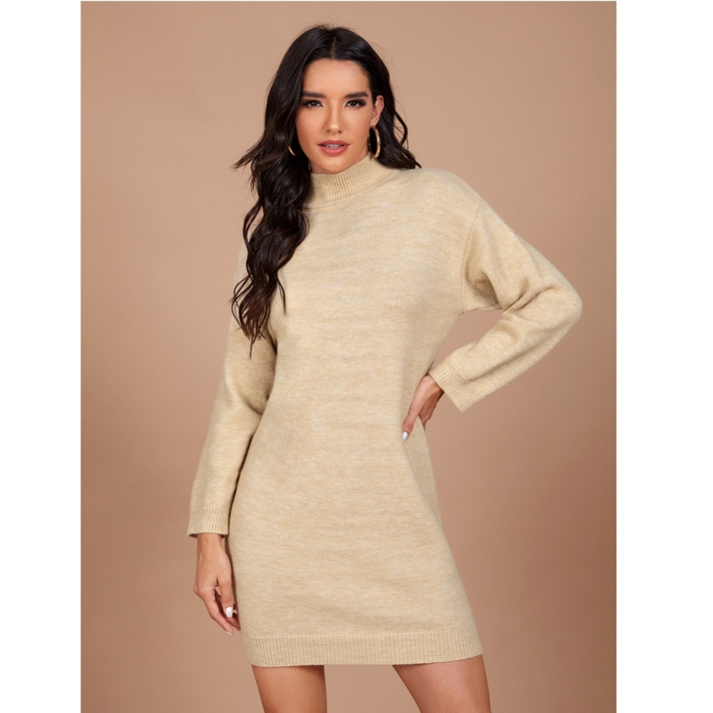 Beige Knit Stand Collar Short Dress - Picture 2 of 7